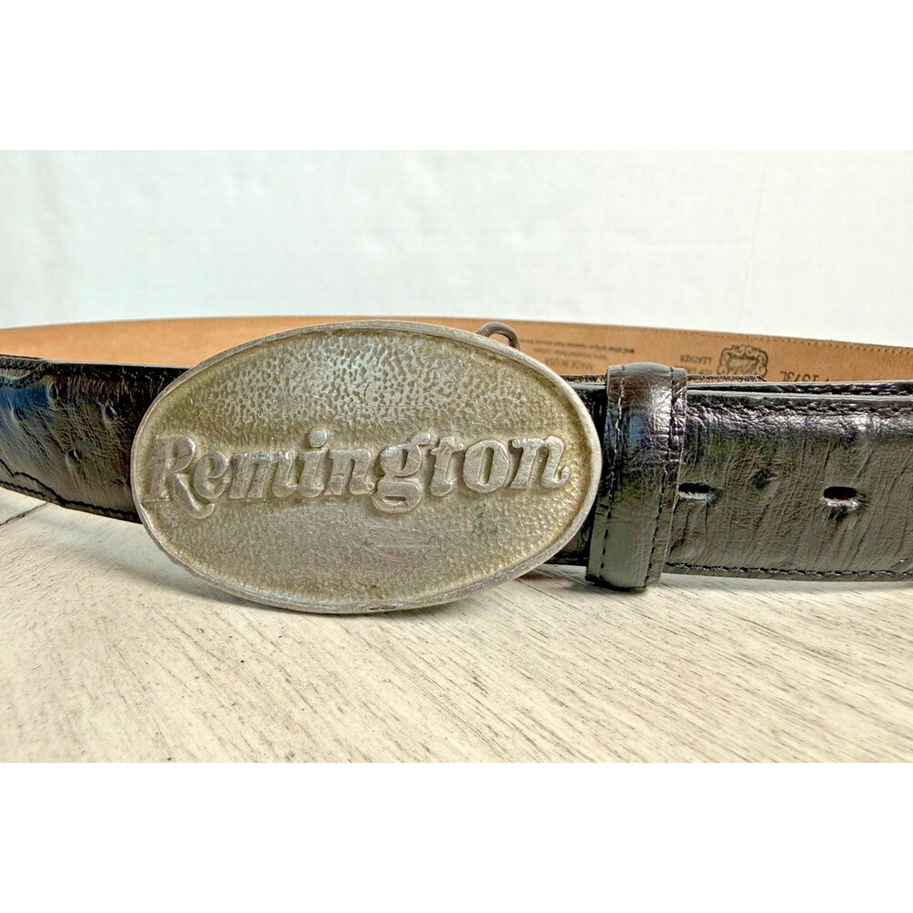 Vintage Remington Oval Solid Pewter Belt Buckle Texture Embossed Script Logo